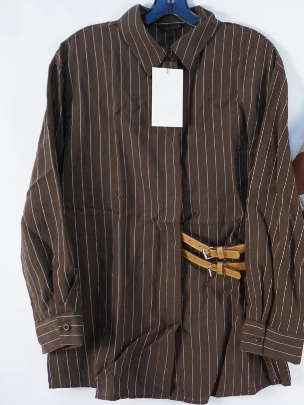 Zara Pinstripe Striped Cinch Waist Buckle Utility Blouse Work School Fall